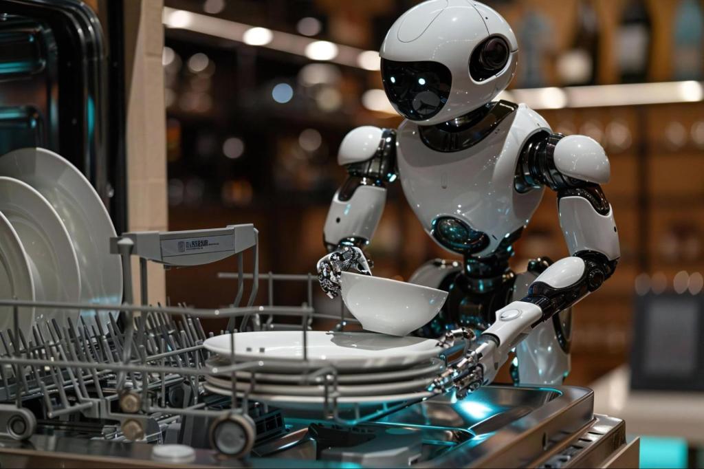 White humanoid robot loading dishes into a dishwasher.